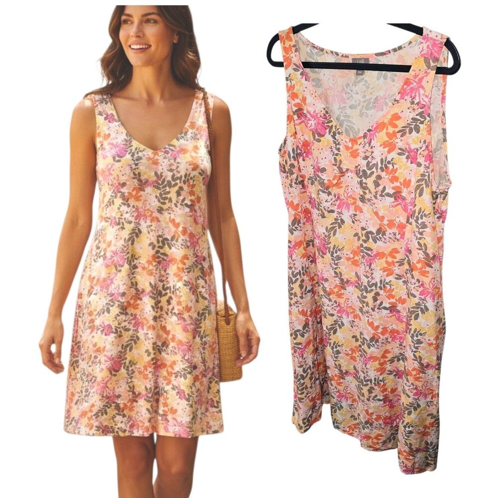 J. Jill Sz 18 Orange Pink All Over Floral Summer Tank Top Midi Dress Pockets